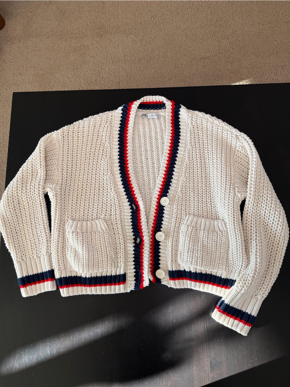 Zara Women's Cream Knit Cardigan with Red & Navy Trim